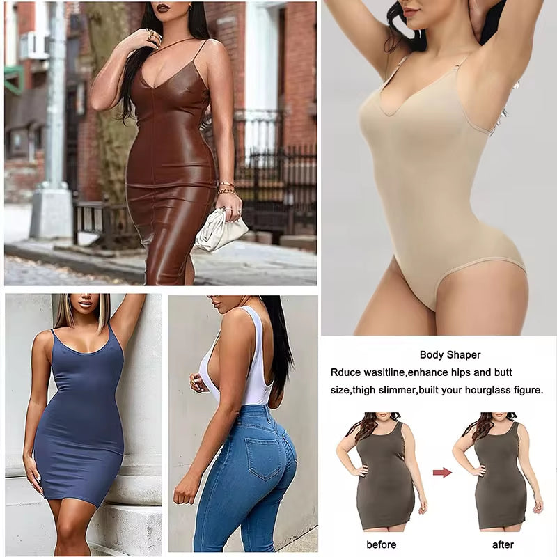 Super Sale V-Neck Spaghetti Strap Compression Bodysuit with Open Crotch - Slimming Shapewear Body Shaper